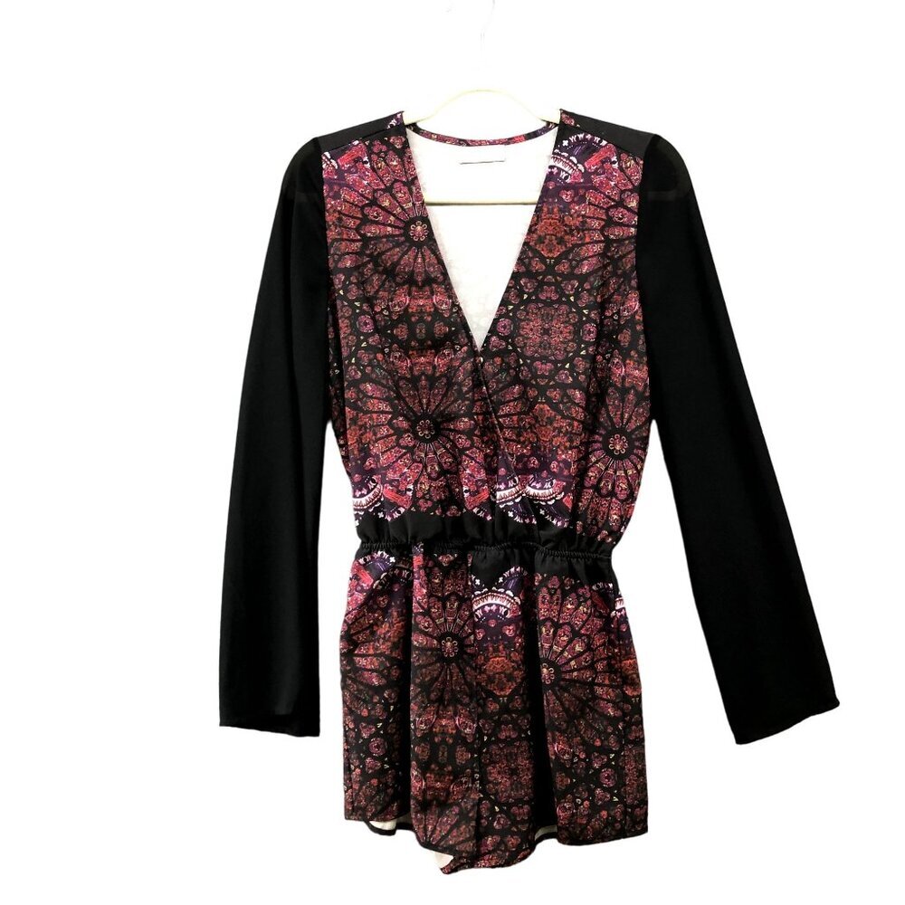 Paint It Red Romper Womens Small S Chiffon Sleeves Flowy Printed Boho Raspberry